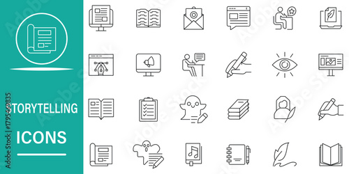 Storytelling icon set collection in outline style. Set of 24 icons related to video content, narrative, creativity, imagination, plot, script, dialogue, writing, blog and more. Simple line vector.
