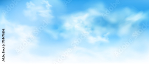 Vector illustration of a beautiful blue sky with realistic clouds. Captivating panoramic view with soft and natural cloud formations, perfect for backgrounds, web, and design projects.