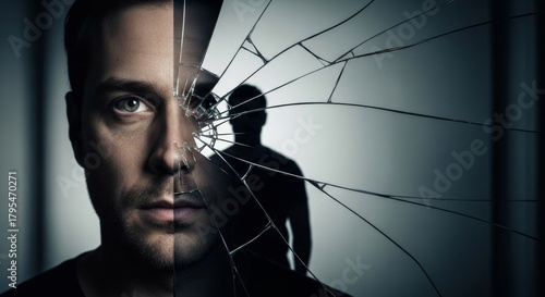 Dramatic portrait of a man looking at his silhouette reflection in a shattered broken mirror, symbolizing hidden identity and crisis.