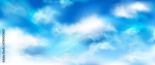 Vector illustration of a beautiful blue sky with realistic clouds. Captivating panoramic view with soft and natural cloud formations, perfect for backgrounds, web, and design projects.