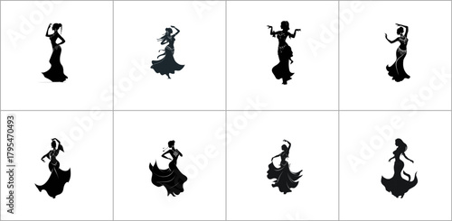 Silhouettes of flamenco dancers in various poses