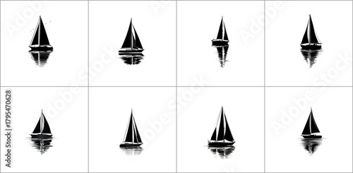 Collection of sailboat silhouettes with reflection