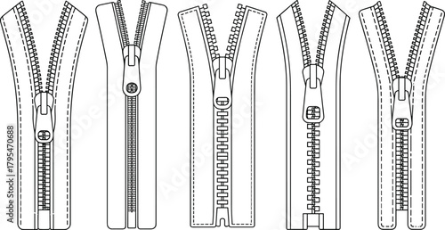 A complete technical flat fashion outline set of various zippers including open, closed, metal, and plastic teeth styles, ideal for apparel design and vector templates.