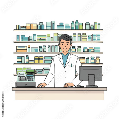Pharmacist at counter with medicine shelves