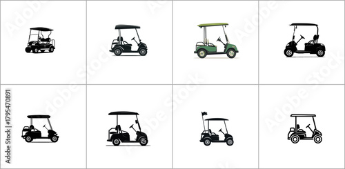 Silhouettes of golf carts in various poses