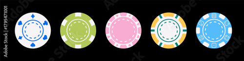 Vector illustration of a poker chip set with different designs and denominations. Flat style, colorful and modern chips for casino, poker, and gambling projects.