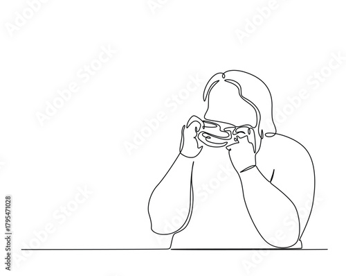 Overweight girl eating junk food, obesity concept.  outline illustration. Continuous line drawing of obese woman eating burger.