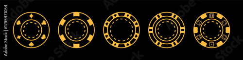 Vector illustration of a poker chip set with different designs and denominations. Flat style, golden chips on black background, perfect for casino, poker, and gambling projects.