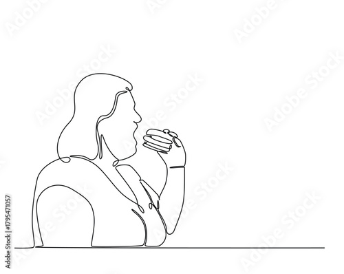 Overweight girl eating junk food, obesity concept.  outline illustration. Continuous line drawing of obese woman eating burger.