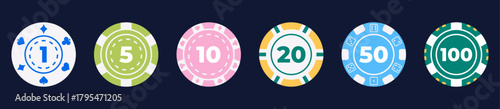 Vector illustration of a poker chip set with different designs and denominations. Flat style, colorful and modern chips for casino, poker, and gambling projects.
