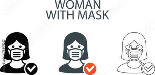 Woman Wearing Face Mask Icon with Checkmark icons