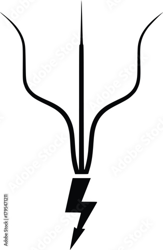 Black and White Vector Icon of Trident Merged with Lightning Bolt Representing Power, Energy, and Mythological Force
