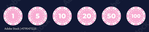 Vector illustration of a poker chip set with different designs and denominations. Flat style, colorful and modern chips for casino, poker, and gambling projects.
