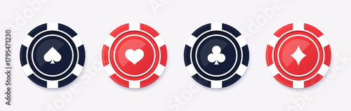 Vector illustration of a poker chip set with different suit symbols instead of denominations. Flat style, colorful chips for casino, poker, and gambling projects.