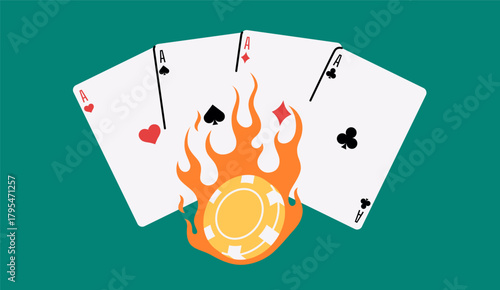 Vector illustration of a poker chip on fire and four Ace playing cards. Dynamic and fiery design, perfect for casino, poker, and gambling projects.