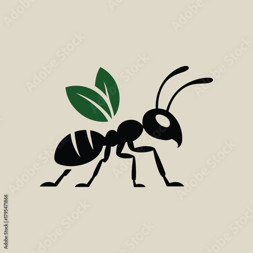 Ant with Green Leaf Wings Logo Nature Organic Pest Control or Eco Friendly Insect Icon