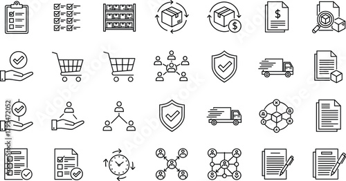 A comprehensive set of black line vector icons representing essential concepts of logistics, supply chain management, delivery, order fulfillment, and business agreements.