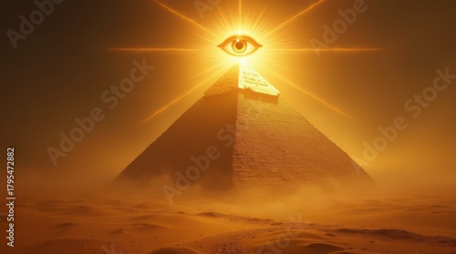 Mysterious Eye of Providence Illuminates Ancient Pyramid in Desert Landscape.