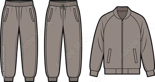 Technical flat fashion vector illustration of an oversized bomber jacket and comfortable jogger pants set with elasticated hems, showcasing a casual and trendy streetwear apparel design template.