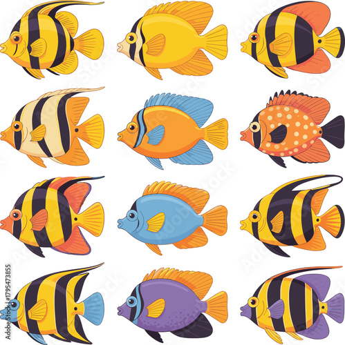 Vibrant collection of colorful tropical fish swimming gracefully in clear blue ocean water