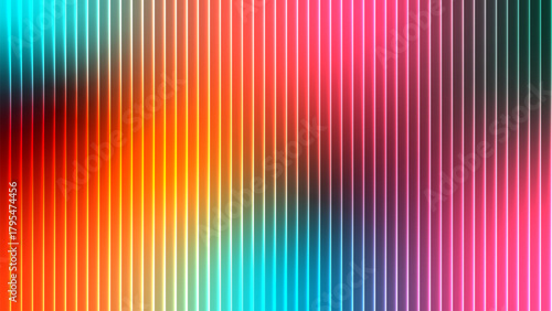 Vibrant vertical stripes of rainbow colors create a textured abstract background with a frosted glass effect
