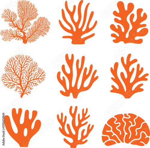 Vibrant collection of diverse orange coral silhouettes, perfect for ocean-themed designs and underwater scenes.