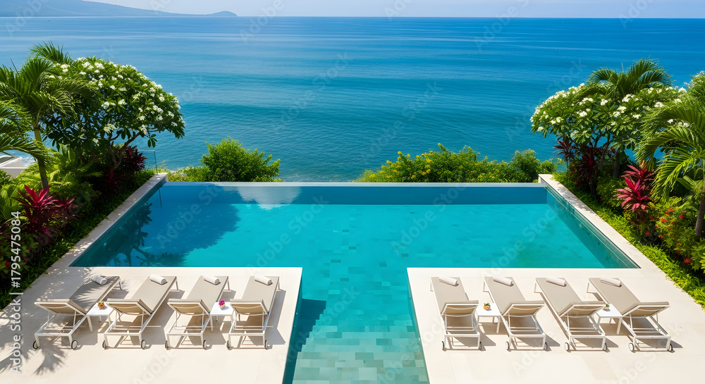 Fototapeta premium Luxury infinity pool overlooking the ocean idyllic tropical resort with lounge chairs serene vacation getaway with turquoise water palm trees and blue sky