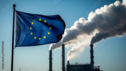 EU Flag Waving in Front of Heavy Industrial Smoke and Factory Chimneys Polluting Sky
