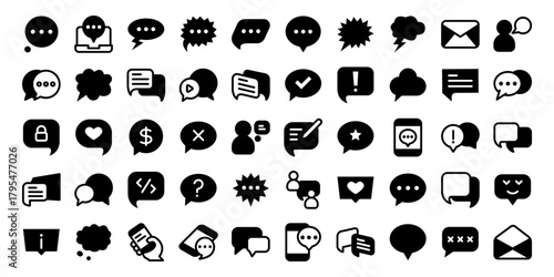 Speech bubble glyph icons set.Web glyph line icons collection related chat,message, speaking, talking, discussion.