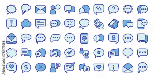 Speech bubble blue color outline icons set.Includes chat,message, speaking, talking, discussion vector illustration