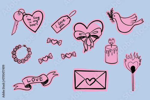 Cute Valentine’s Day doodle set with hearts, sweets, ribbon bow, love letter and dove. Romantic pink line art collection on pastel background. Perfect for cards, stickers, prints and gift packaging.
