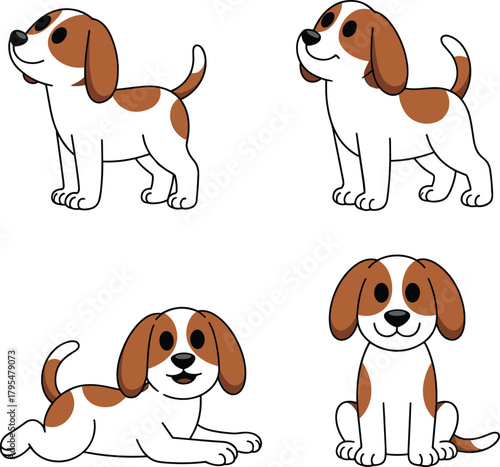 Adorable cartoon beagle puppies in various playful poses, perfect for children's books, pet product marketing, or heartwarming family-friendly designs