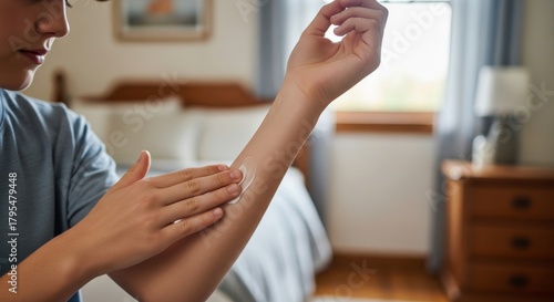 Person applying moisturizing cream to their dry forearm in the bedroom, representing skincare and wellness routine.