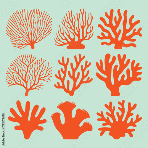 Vibrant orange coral silhouettes showcase diverse marine life designs on a calming mint background, perfect for ocean themes.