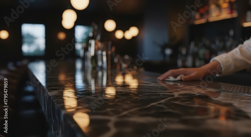Bartender wiping down a marble bar counter in a dimly lit bar with bokeh lights in the background