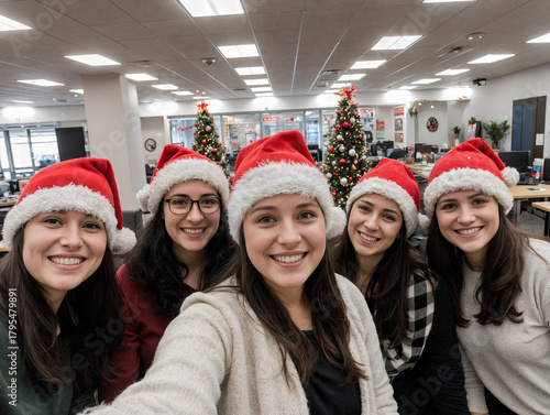 Team of Coworkers Taking a Christmas Selfie in a Festively Decorated Office with Holiday Hats and Bright Lighting