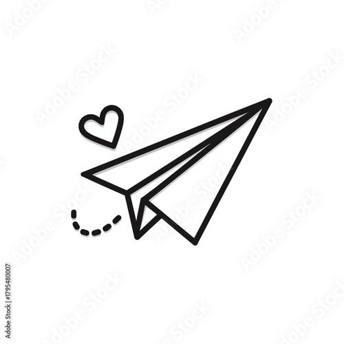 Paper airplane with heart icon flying, symbolizing love message, communication, travel, and adventure. Simple line art vector graphic.