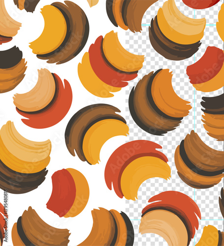 Illustration of abstract seamless pattern with curved brush strokes in warm earthy tones of orange, yellow, and brown on a white background