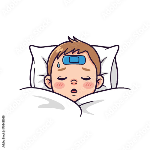 Sick child in bed with bandage on forehead