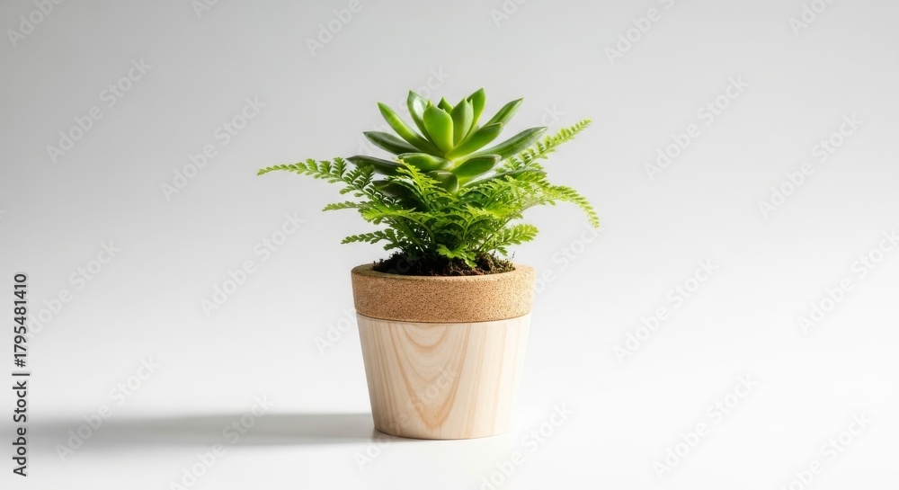 Obraz premium Small green succulent and fern plant growing in a minimalist cork and wood pot isolated on a white background.