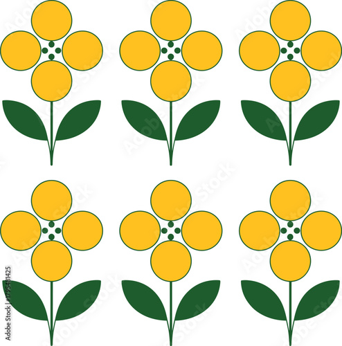 Cheerful yellow blossoms create a vibrant, retro floral pattern perfect for backgrounds, textiles, and joyful designs that bring sunshine to any project