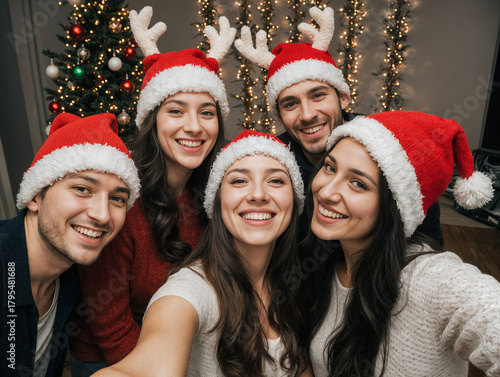 Team of Coworkers Taking a Christmas Selfie in a Festively Decorated Office with Holiday Hats and Bright Lighting