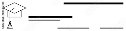 Graduation cap beside horizontal lines resembling a diploma. Ideal for education, academic success, career growth, certifications, learning, professional achievement, simple flat metaphor