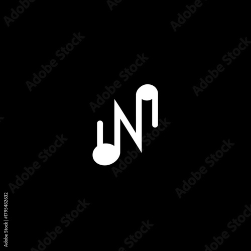 Minimalist white music note icon on black. Abstract graphic symbol for sound, melody, rhythm, audio, music, and entertainment concept.