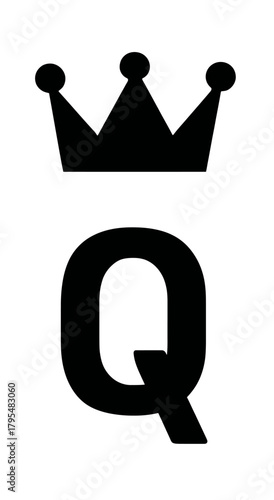 Black Q letter with crown icon, symbol of queen, royalty, and playing cards. Minimalist graphic design element.