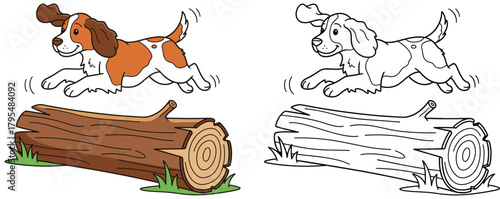 Cute Cartoon Beagle Puppy Jumping Over a Log Coloring Book Page