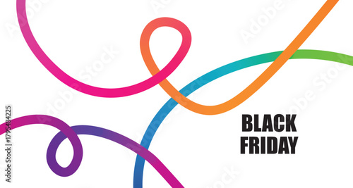 Vibrant abstract colorful ribbons swirl and dance around black friday sale text on white background