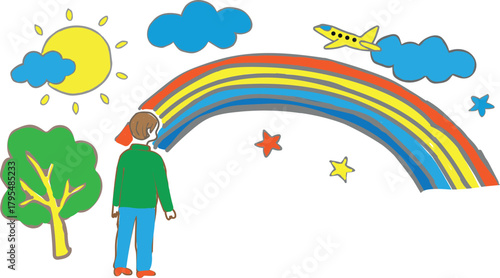 Child looking up at a vibrant rainbow arching across a sunny sky with clouds and an airplane
