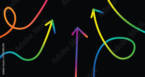 Colorful abstract swirling arrows and lines pointing upwards on a dark background representing growth and direction