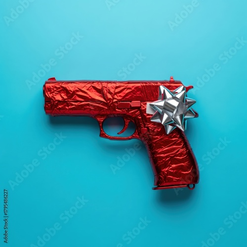 Red gift‑wrapped handgun with silver bow on cyan background — minimalist conceptual still life on gun control and holidays